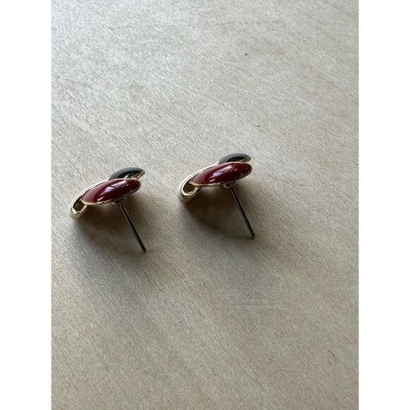 Vintage Red Black & White Enamel Knot Clip-On Earrings Gold-Tone Finish - Picture 9 of 15